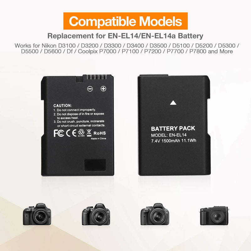 EN-EL14 EN EL14A Replacement Camera Batteries and Rapid Dual Charger Set for Nikon D5600 D3300 D3500 D5100 D5500 D3100 D3200 D5200 D5300 Coolpix P7000 P7100 P7200 P7700 P7800