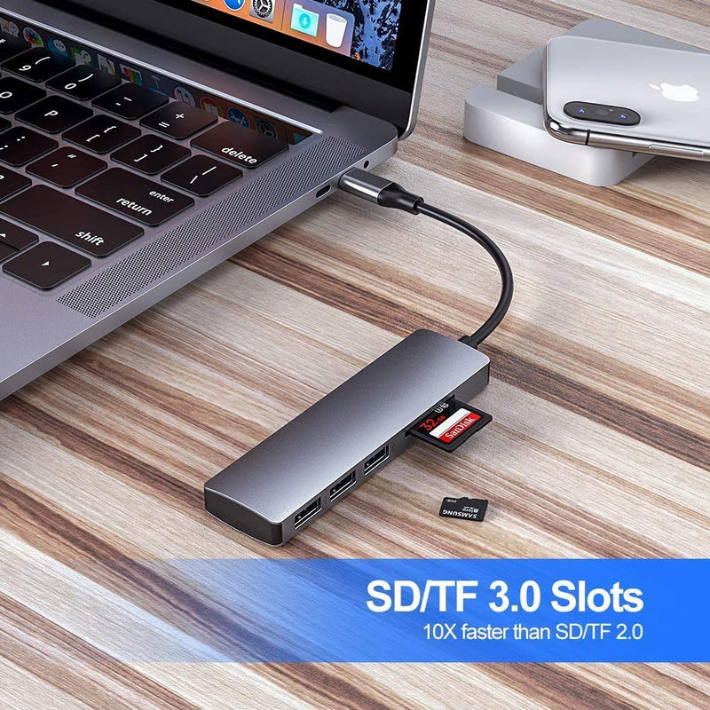 USB C HUB,5-in-1 USB C Adapter for MacBook Pro 2019/2018/2017, Type C Aluminum Adapter with 3 USB 3.0 Ports,Micro SD/TF Card Reader Support MI/Lenovo/Dell/Samsung/Huawei