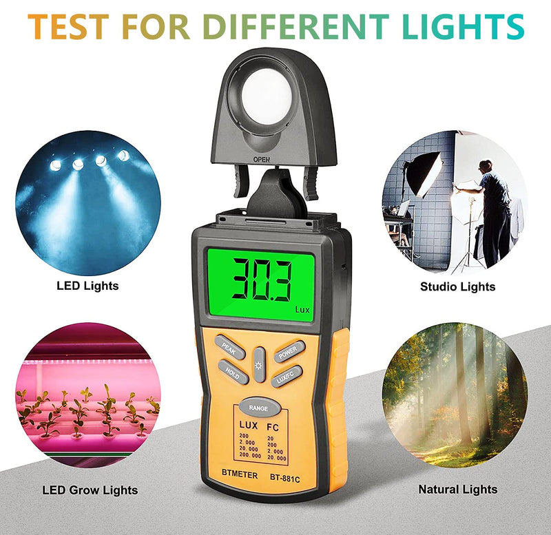 BTMETER Digital Illuminance Light Meter BT-881C,Lumen/FC Photometer,Luxmeter Sensor Measure 0.1~200000 Lux (0.01~20000FC) Lights,Bright Tester for Photography, Plant, Foot Candle