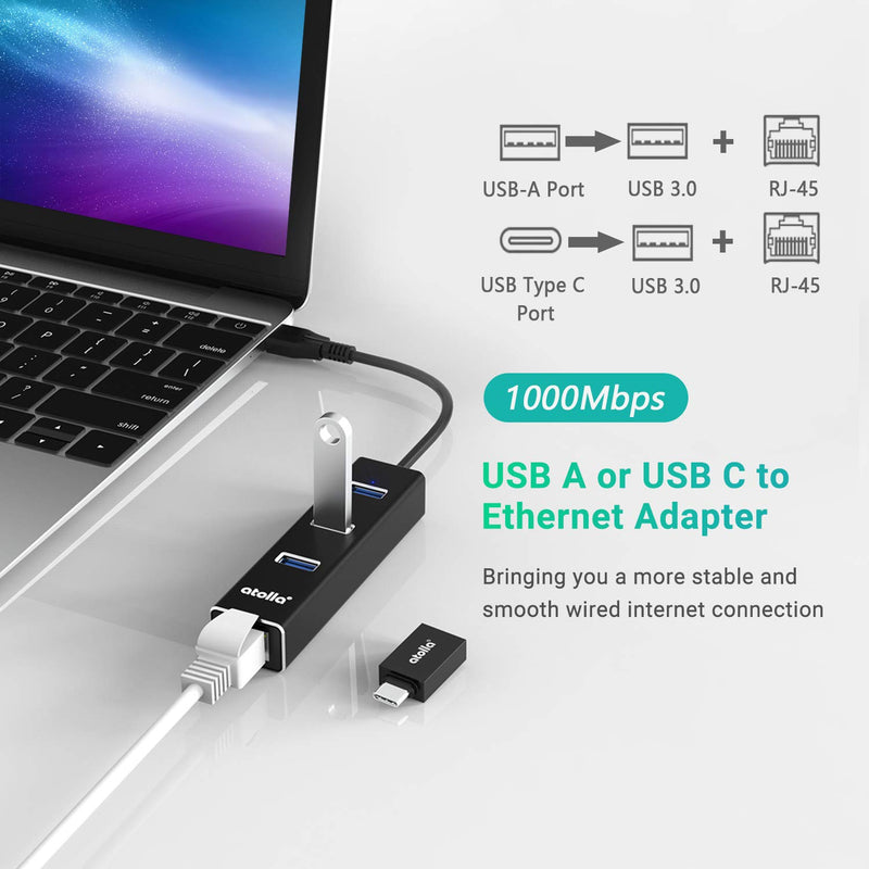 USB 3.0 Hub Ethernet with USB C Adapter, 3 Port USB 3.0 Splitter Gigabit Ethernet Hub + USB C HUB Network RJ45 1000Mbps USB Extender