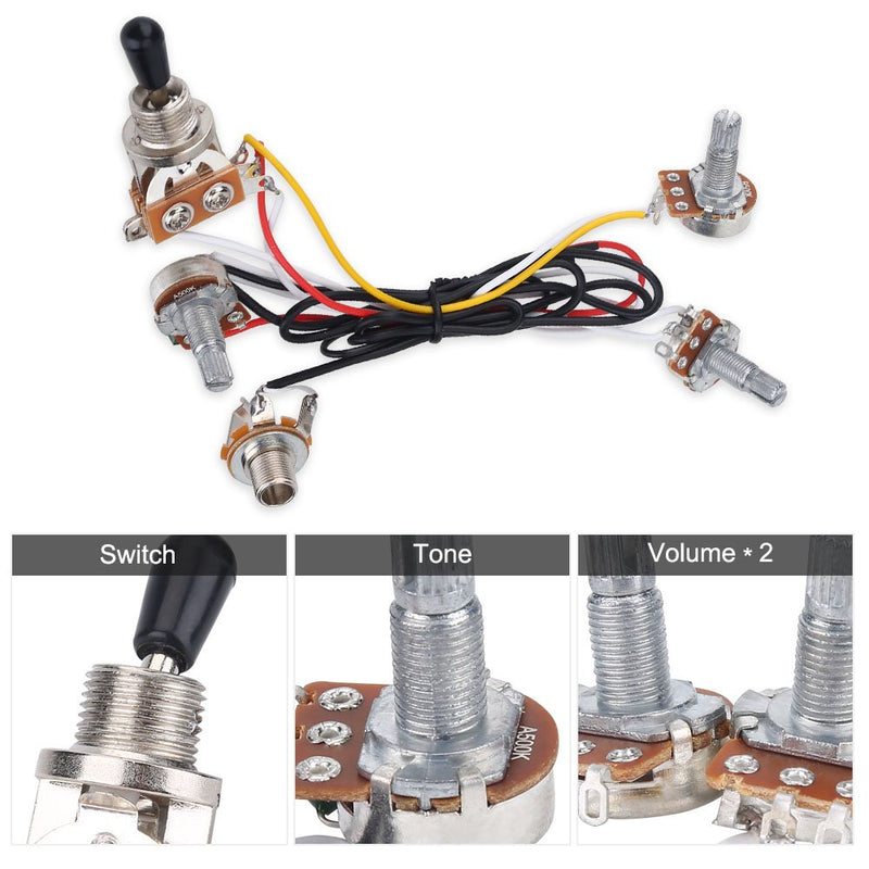 3 Way Switch Wiring Harness Kit, 2 Volume 1 Tone 1 Jack 500K Pots for Electirc Guitar Bass