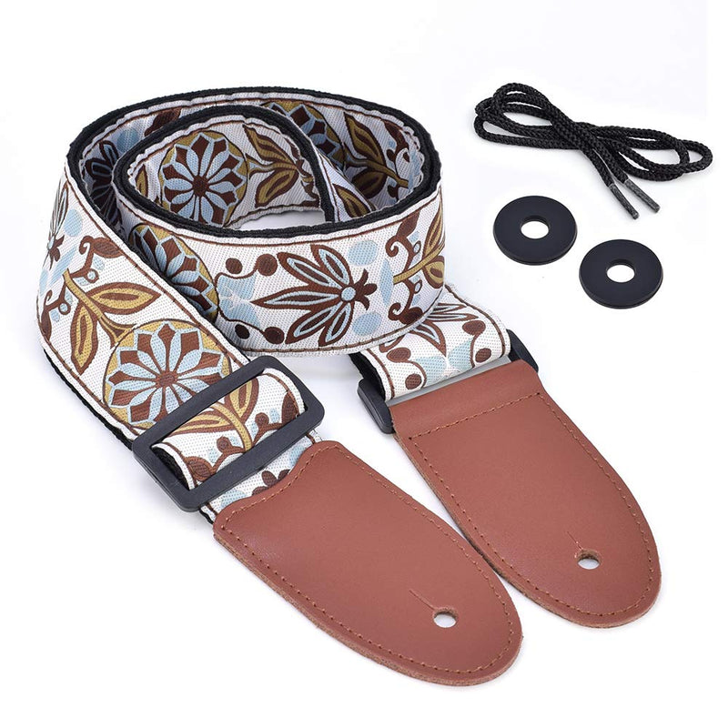 Guitar Strap Acoustic Electric Bass Guitar Leather Ends For Men Women With Jacquard Fabric Pattern White Brown Woven