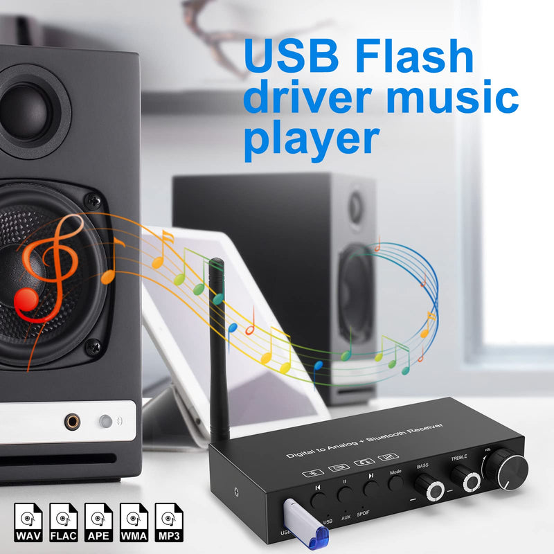 USB 192KHz DAC Digital to Analog Converter with Headphone Amplifier Built-in Bluetooth V5.0 Receiver Music Player Volume Adjustable Digital SPDIF TOSLINK to Stereo L/R & 3.5mm Jack normal