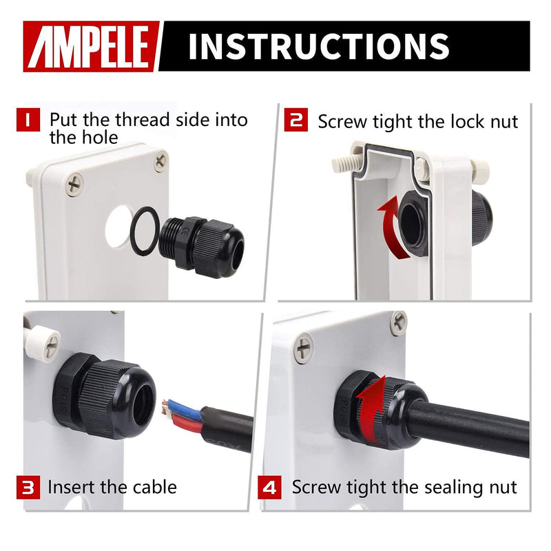 AMPELE Cable Gland 50 Pack Waterproof Adjustable 3-16mm PG7 PG9 PG11 PG13.5 PG16 PG19 Nylon Cable Glands Joints With Gaskets Cable Gland Kit