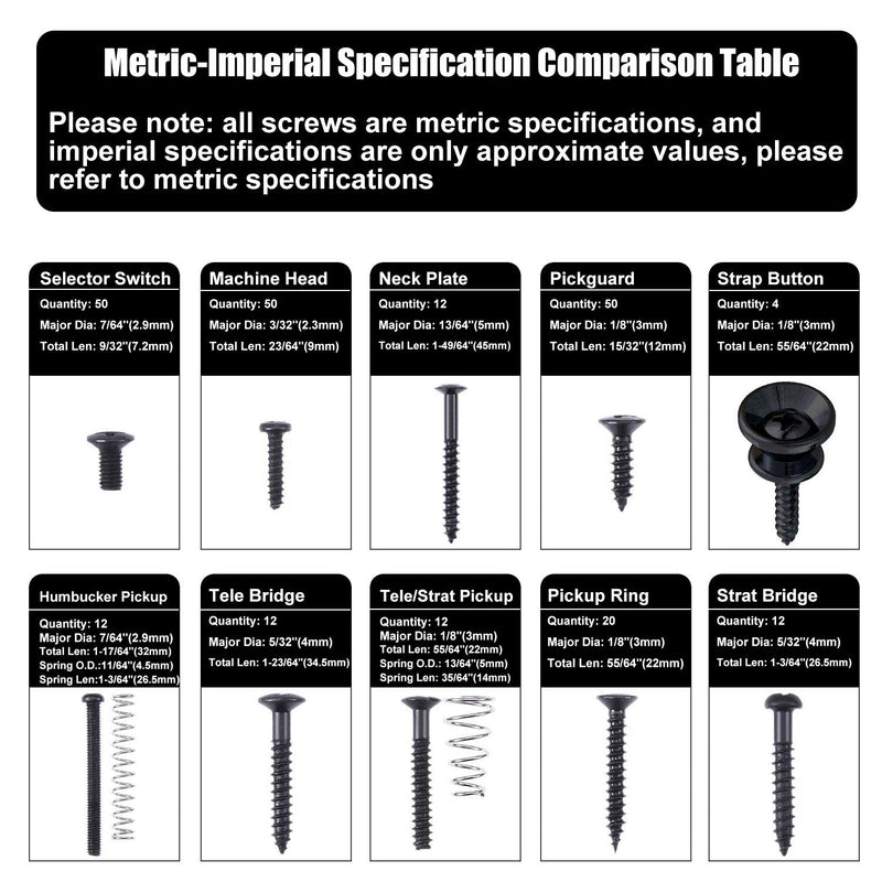 Vencetmat Guitar Screws Kit, Guitar Hardware Luthier Parts-kit for Tele/Strat/SQ,Switch,Tuner,Machine Head, Neck Plate,Pickguard,Guitar Strap End Pins,Pickup,Bridge,Guitar DIY Kit(Metric, Black)