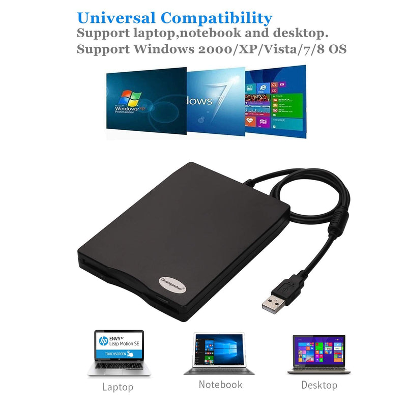 3.5" USB External Floppy Disk Drive Portable 1.44 MB FDD for PC Windows 2000/XP/Vista/7/8,No Extra Driver Required,Plug and Play,Black