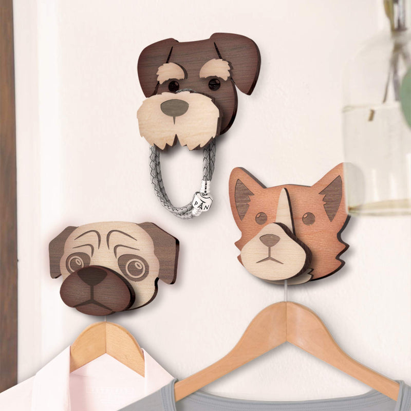 PAZO, Schnauzer Hand Made Wooden Self Adhesive Wall Hooks (3 PCS)