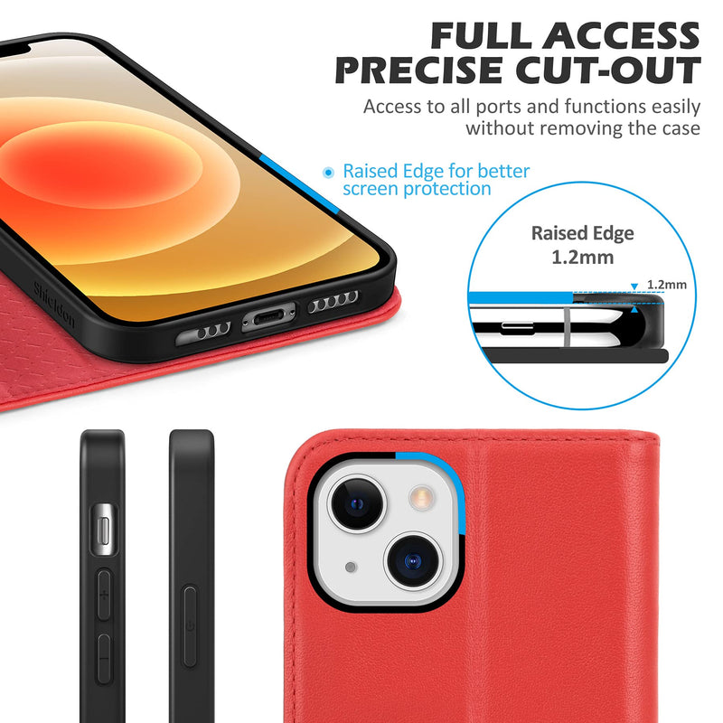 [AUSTRALIA] - SHIELDON Case for iPhone 13, Genuine Leather iPhone 13 Folio Wallet Magnetic Shock Absorbing Case RFID Blocking Credit Card Holder Kickstand Compatible with iPhone 13 5G (6.1-inch) - Red 