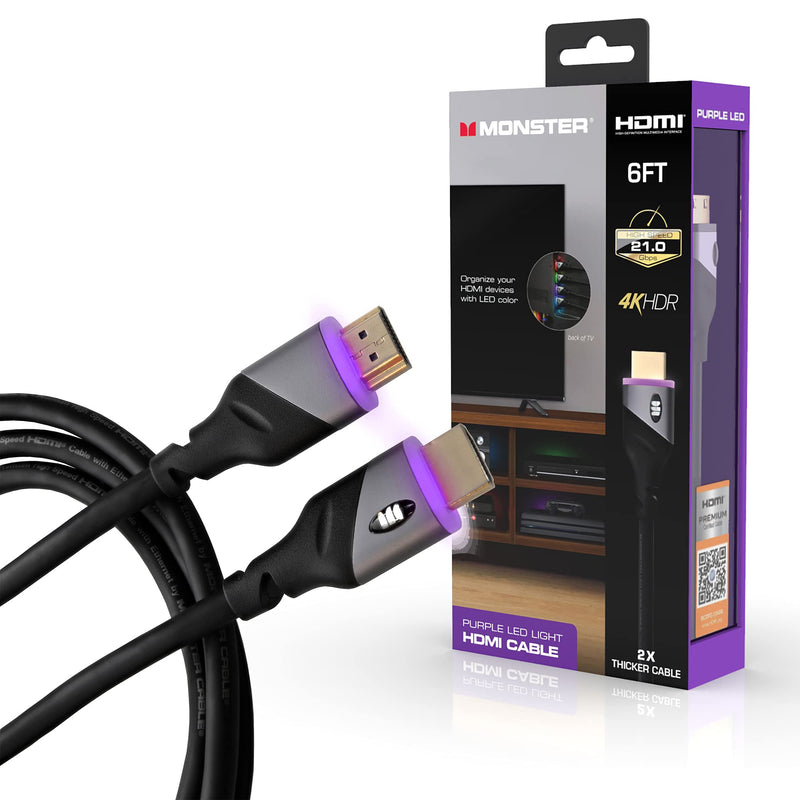 [AUSTRALIA] - Monster 6ft High Speed 4K HDR Hdmi Cables with Built-in Led Light, Gaming, Video, and Computer, 4 Pack 4 -Pack 