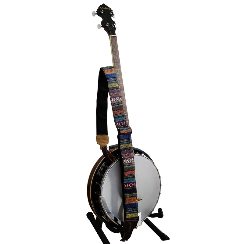 MUSIC FIRST Original Design, 2 inch width (5cm), Classic Country Style Soft Cotton & Genuine Leather Delux Banjo Strap, With 2 pieces of MUSIC FIRST Leather Strap Locker. (Classic Country Style)