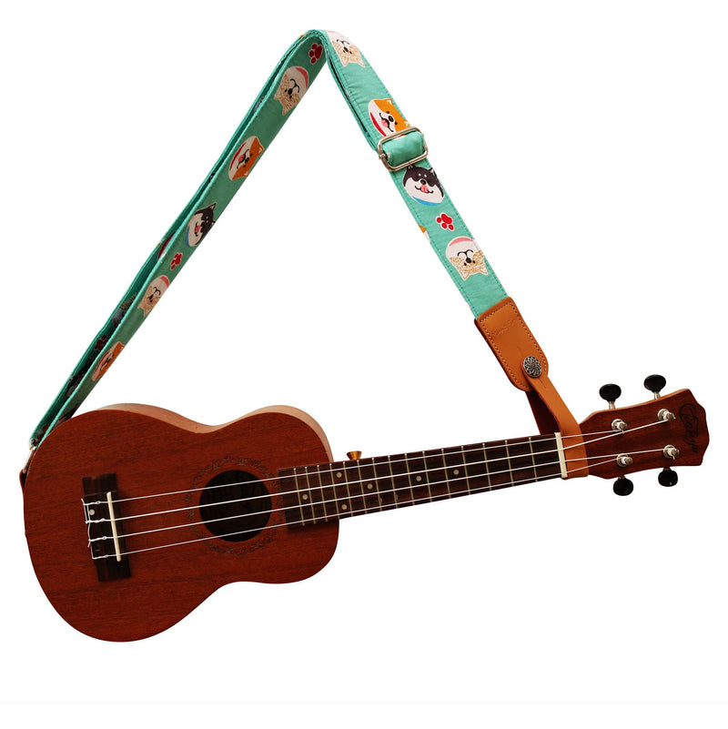 MUSIC FIRST Original Design Turquoise/Mint “Mint Shiba Inu Dog” Soft Cotton & Genuine Leather Ukulele Strap Ukulele Shoulder Strap With a MUSIC FIRST Genuine Leather Strap Locker