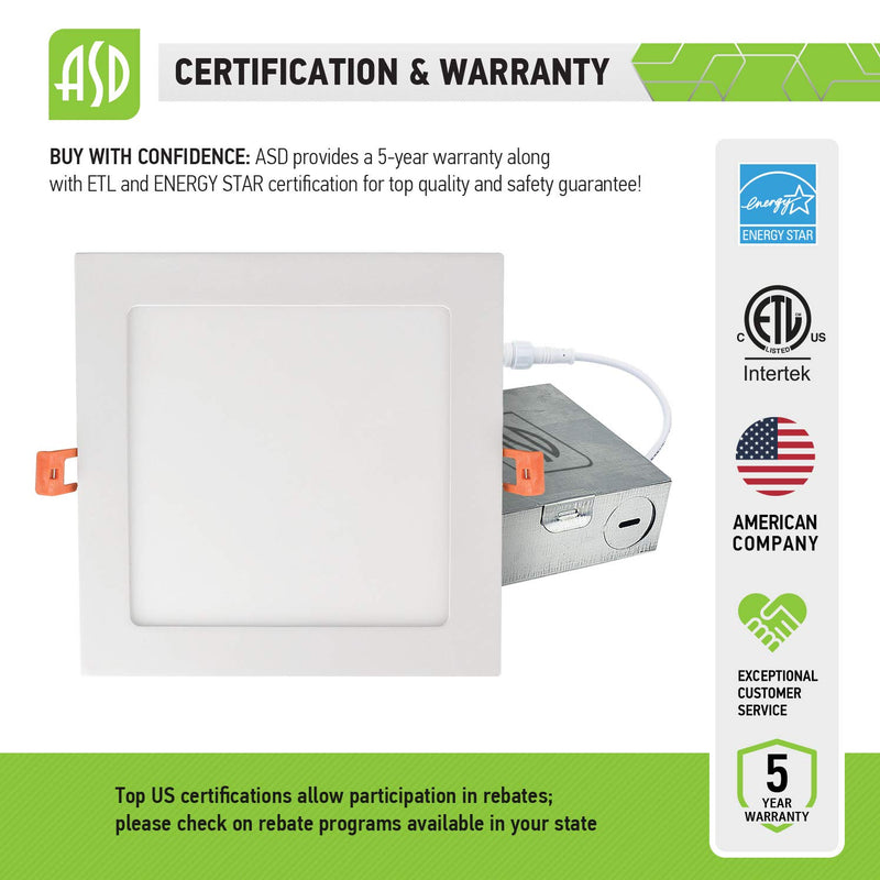 ASD 8 Inch Ultra-Thin LED Recessed Ceiling Light with J-Box, Dimmable Square Panel Downlight 18W 1350Lm, Color Temperature Selectable 3000K-4000K-5000K White Finish, IC Rated ETL Energy Star 1-Pack