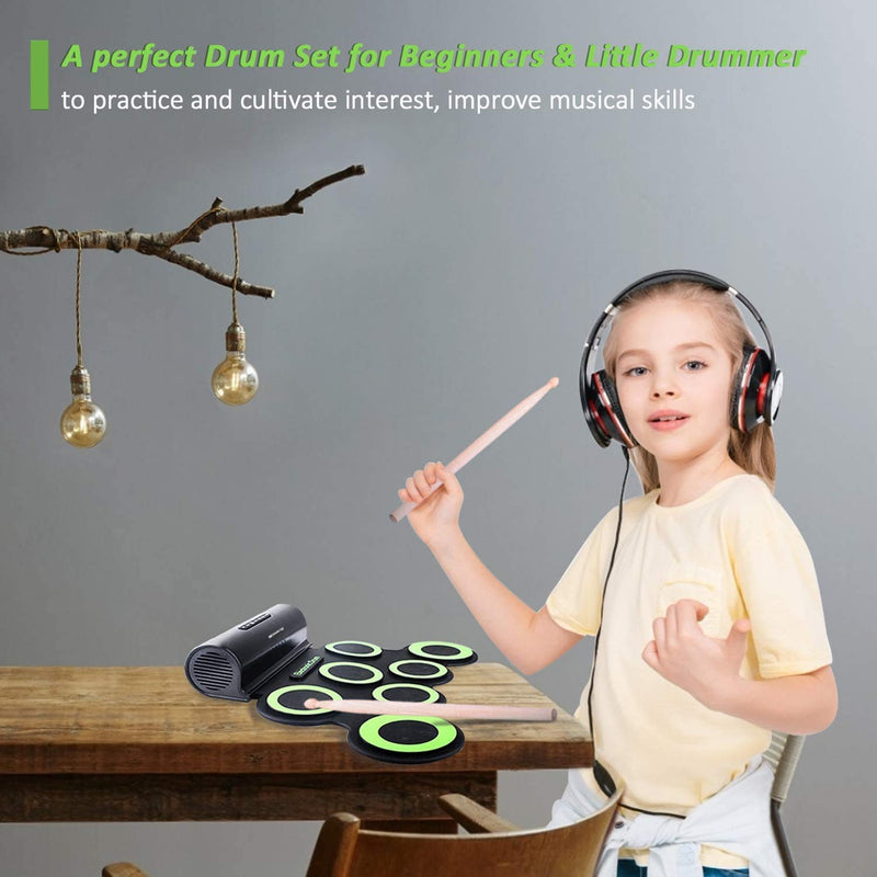 BONROB Electronic Drum Set for Kids, Foldable and Roll Up 7 Drum Pad Compatible with Roland Software, Built in Speaker with Drum Sticks, Great Holiday Birthday Gift for Kids Drum Set (Green) BM001