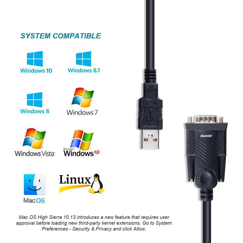 USB to Serial Adapter, Benfei USB to RS-232 Male (9-pin) DB9 Serial Cable, Prolific Chipset, Windows 10/8.1/8/7, Mac OS X 10.6 and Above, 1.5M