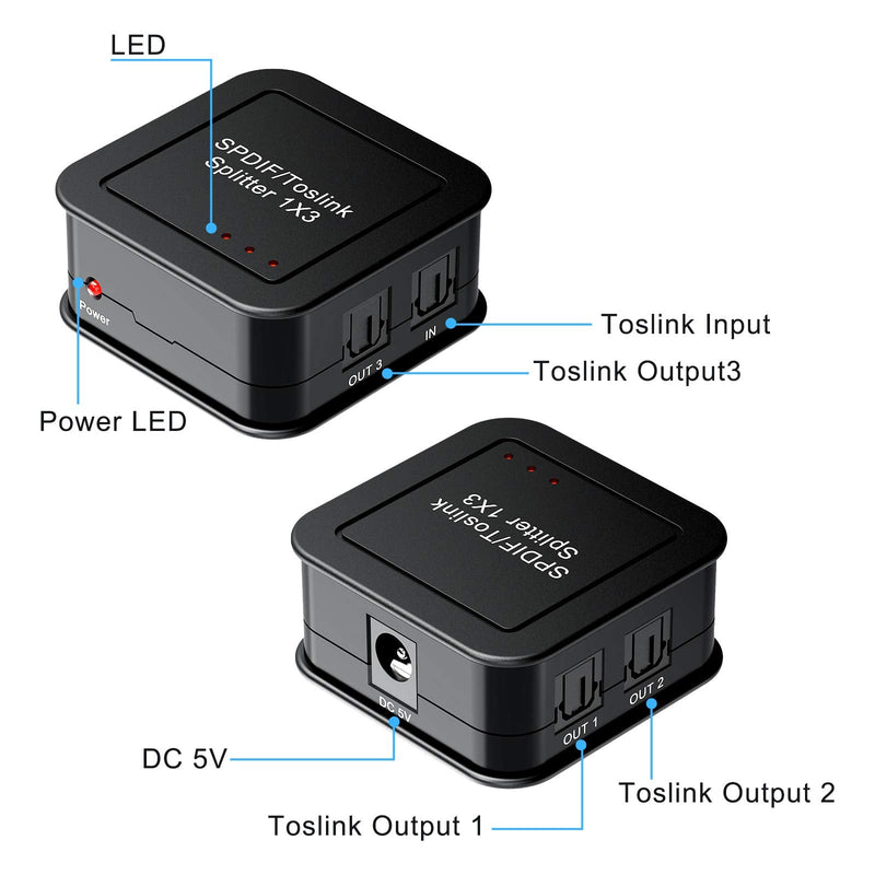 Digital Optical Audio Splitter, SPDIF Toslink Optical Fiber Audio Splitter, 1 in 3 Out Toslink Splitter with Optical Cable, Support Dolby Digital & DTS 5.1 for PS3 Blue-Ray DVD HDTV