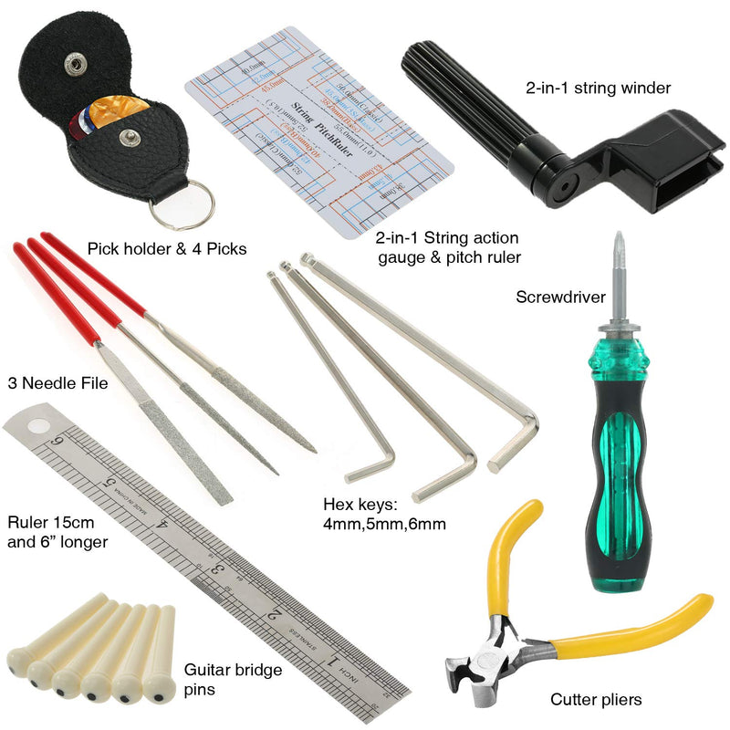 ammoon Guitar Repairing Tool Kit Includes String Organizer & String Action Ruler & Gauge Measuring Tool & Hex Wrench Set & Files for Guitar Ukulele Bass Mandolin Banjo