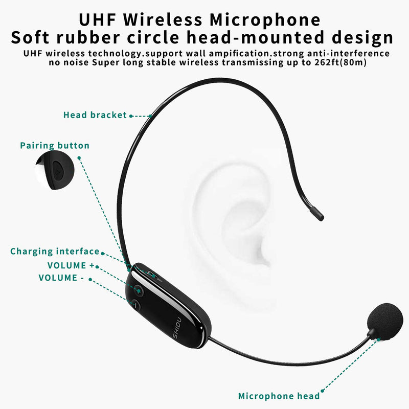 SHIDU Mini Voice Amplifier Portable Bluetooth Speaker with UHF Wireless Microphone Headset 10W 1800mAh PA system Supports MP3 Format Audio for Teachers, Taxi Drivers, Coaches, Training, Tour Guide
