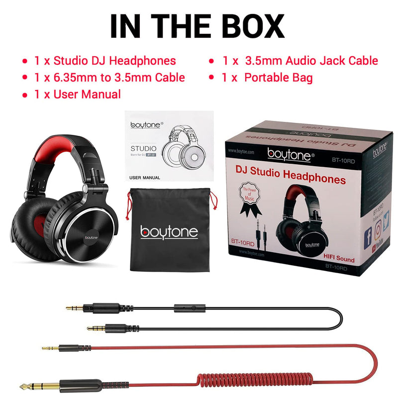[AUSTRALIA] - Boytone BT-10RD Wired Over Ear Headphones Studio Monitor & Mixing DJ Stereo Headsets with 50mm Drivers and 1/4 to 3.5mm Audio Jack for Audio Mixer Computer, Phone, Guitar, Laptop, Amplifier 