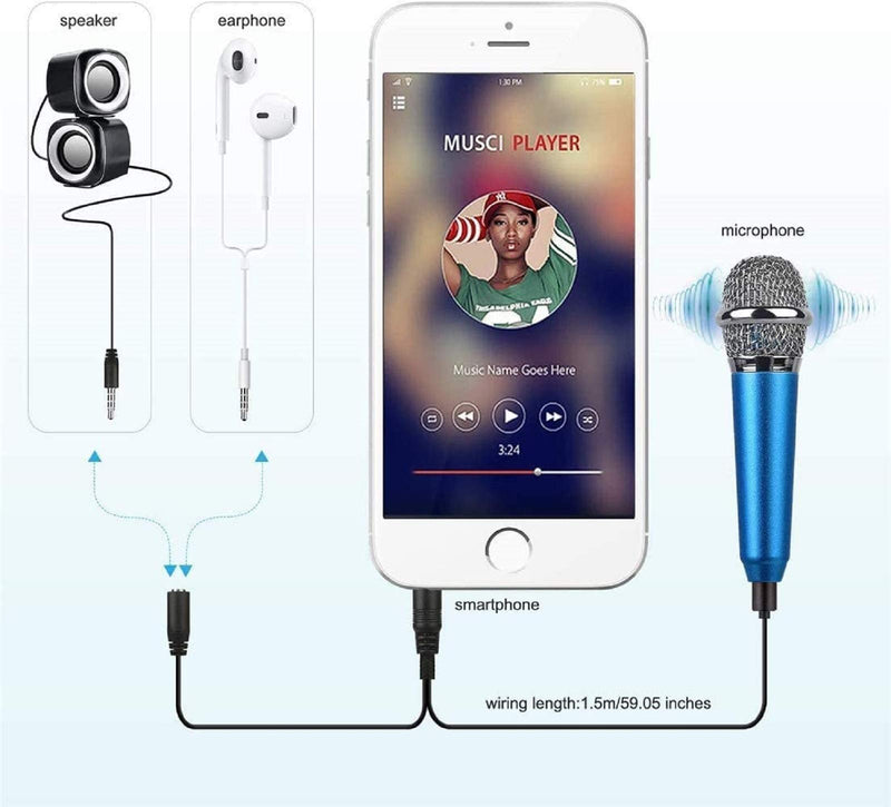 Mini Microphone,Singing Mic Equipment,Beautiful Vocal Quality,Mini Type Space Saving,Metal Frothing Process,3.5mm Audio Connector,Suitable for Laptop, iPhone, Android Phone（Blue） Blue