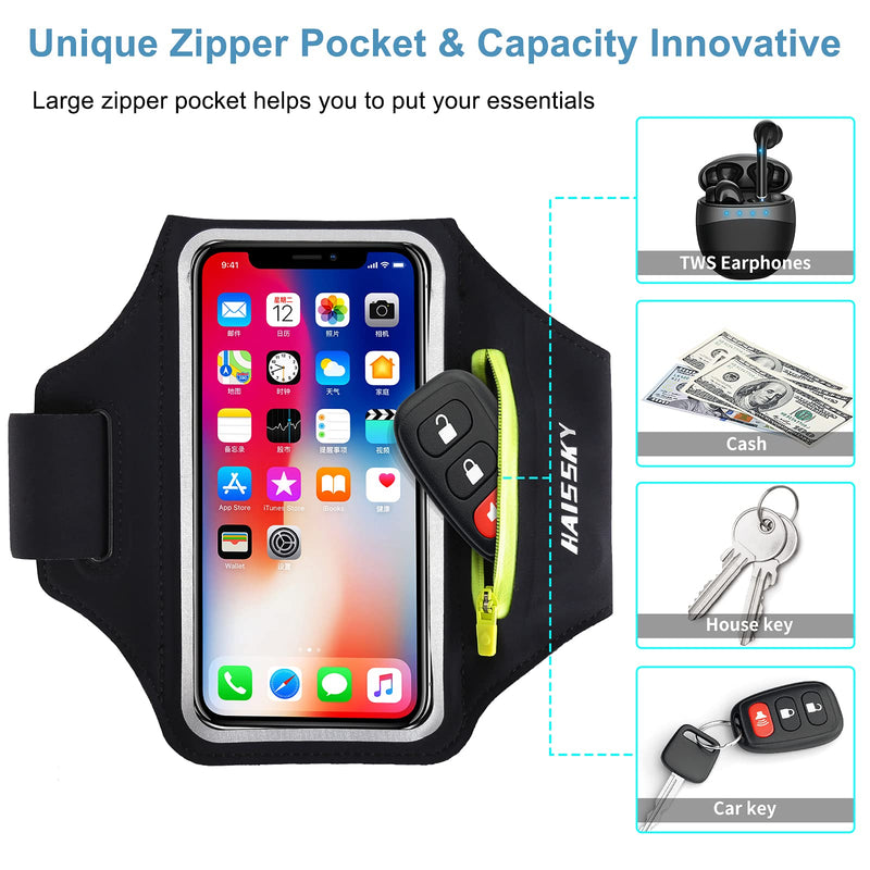 Cell Phone Running Armband with Airpods Zipper Pocket Armband Case Running Holder for iPhone 12 Pro Max/12 Pro /11 Pro Max/11/11Pro/XR/XS,Galaxy S20 S10 S9 Plus,Sweatproof Arm Band with Card/Key Bag Black(New Version ,6.8")