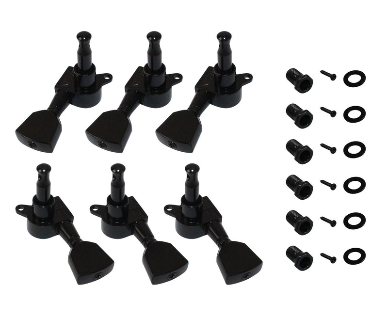 YMC TP30 Series 6 Pieces Guitar Parts 3 Left 3 Right Machine Heads Knobs Guitar String Tuning Pegs Machine Head Tuners for Electric or Acoustic Guitar With 2pcs Strap Locks,Black Black