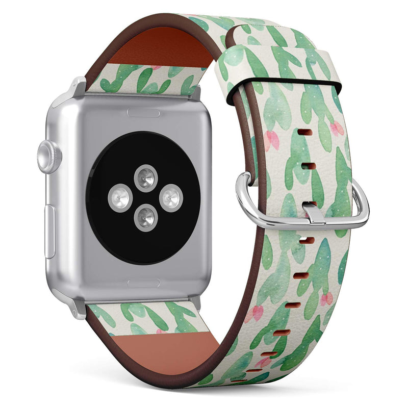 Compatible with Apple Watch iWatch (42/44 mm) Series 5, 4, 3, 2, 1 // Soft Leather Replacement Bracelet Strap Wristband + Adapters // Watercolor Cactus On 42 / 44 mm