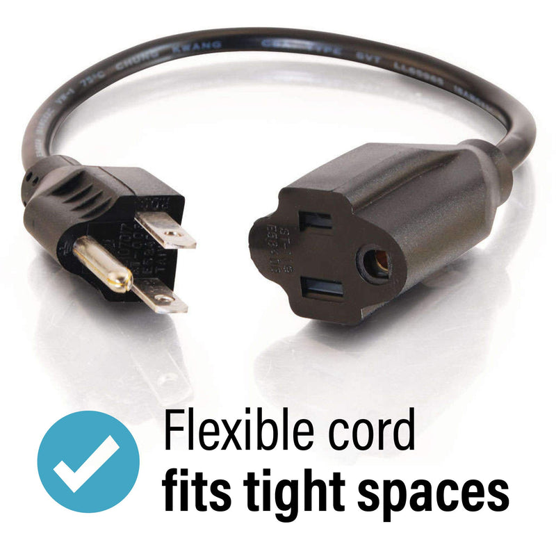 C2G Power Cord, Short Extension Cord, Power Extension Cord, 18 AWG, Black, 1 Foot (0.30 Meters), Cables to Go 03137