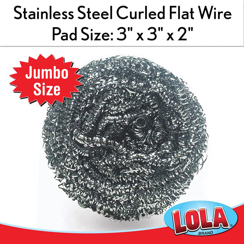 Lola Products Jumbo Stainless Steel Scourer | Stainless Steel Curled Flat Wire | Odor Free And Rust Proof | Cleans Caked On & Baked On Messes | Engineered To Clean & Scour Stainless Steel - 12 Pack
