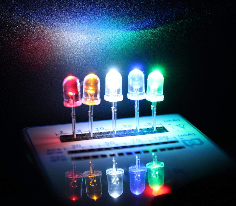 DiCUNO 1000pcs 3mm Light Emitting Diode LED Lamp Assorted Kit White Red Yellow Green Blue Lights Round Head and Clear Len Bulbs (5 Colors x 200pcs) 5 Light Colors, 1000 Pack