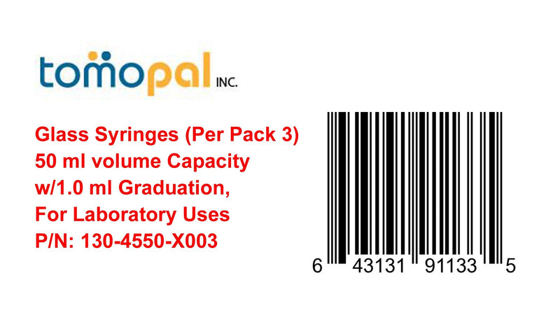 Glass Syringe 50ml (Per Pack 3), Tomopal Glass Syringe 50 ml, w/1.0 ml Graduation for Laboratory Uses. P/N: 130-4550-X003
