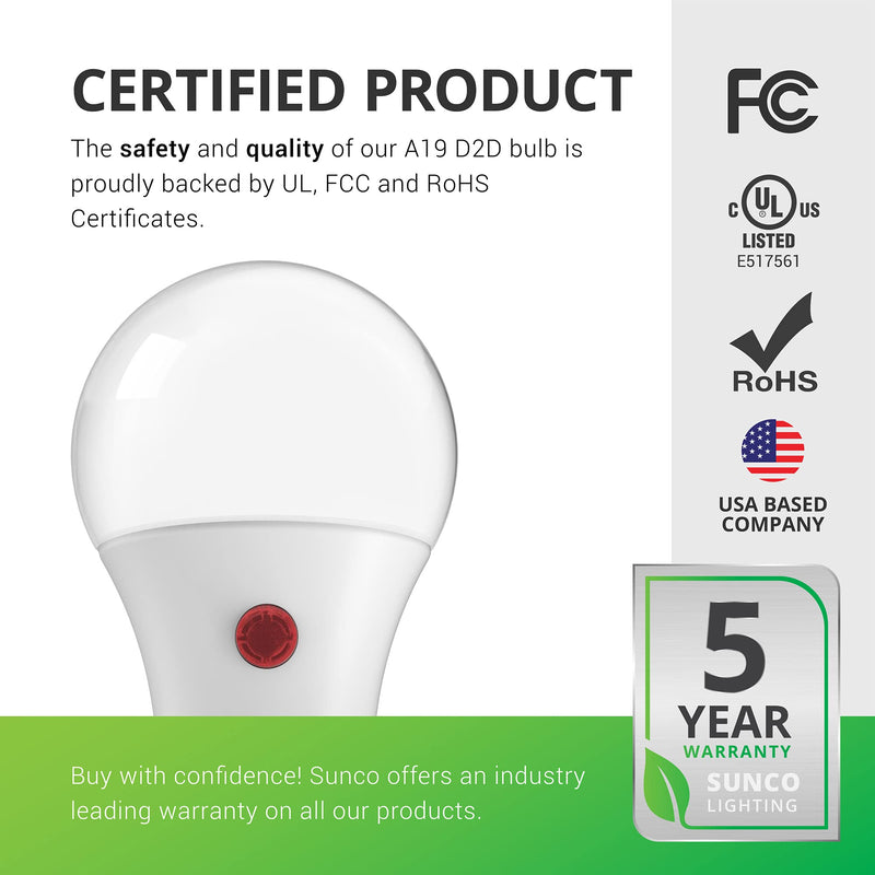 Sunco Lighting 6 Pack A19 LED Bulb with Dusk-to-Dawn, 9W=60W, 800 LM, 3000K Warm White, Auto On/Off Photocell Sensor - UL