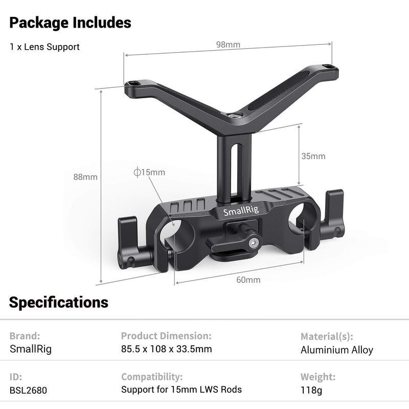 SMALLRIG 15mm Long Lens Support Bracket Height Adjustable for DSLR Camera Shoulder Rig (New) - 1087