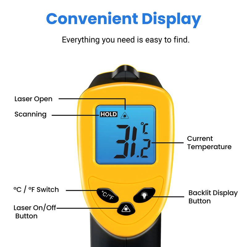 [AUSTRALIA] - Etekcity Infrared Thermometer 1080, Heat Temperature Temp Gun for Cooking, Laser IR Surface Tool for Pizza Oven, Meat, Griddle, Grill, HVAC, Engine, Accessories, -58°F to 1022°F, Yellow Lasergrip 1080 