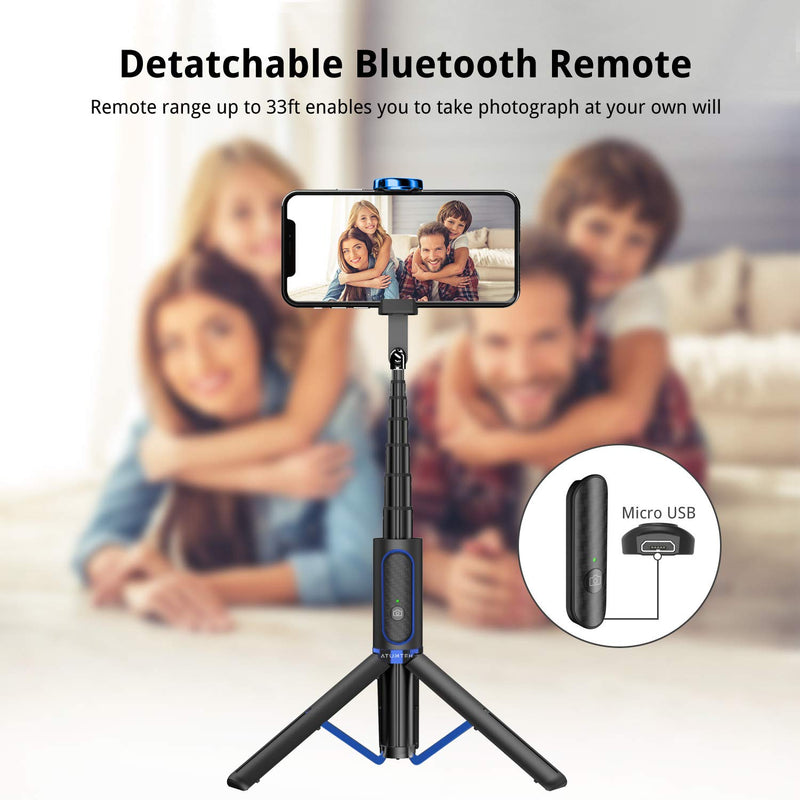 ATUMTEK Bluetooth Selfie Stick Tripod, Extendable 3 in 1 Aluminum Selfie Stick with Wireless Remote and Tripod Stand 270 Rotation for iPhone 13/12/11 Pro/XS Max/XS/XR/X, Samsung and Smartphone Blue