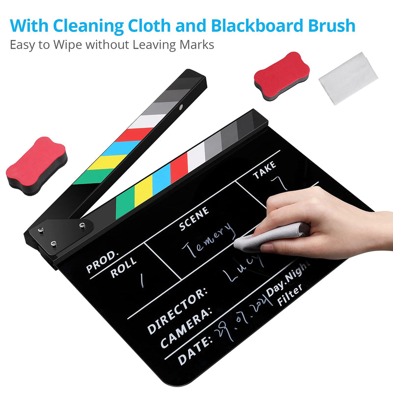 Temery Acrylic Film Clapper Board -12 x 10in Plastic Movie Film Clap Board, Movie Theater Decor Clapboard with a Magnetic Blackboard Eraser, Two Custom Pens, Cleaning Cloth and Hexagonal Wrench