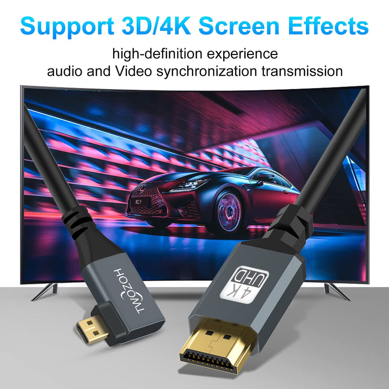 Twozoh Right Angled Coiled Micro HDMI to HDMI Cable, Micro HDMI to HDMI Coiled Cable 90°Degree Stretched Length 30cm to 150cm - Supports 3D/4K 1080p(5FT) Right Angled Micro to HDMI