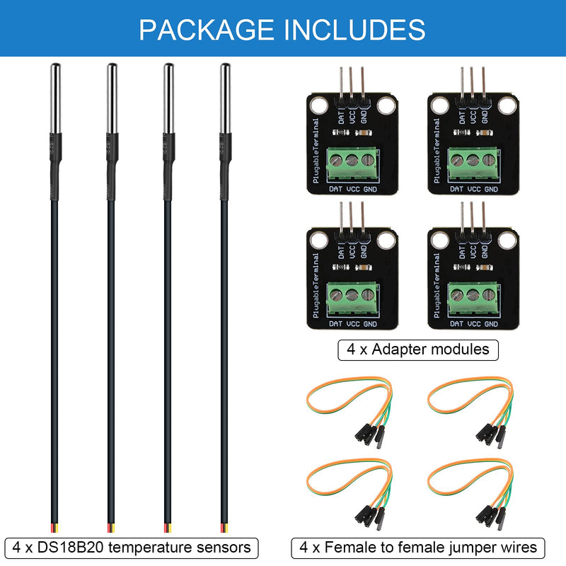 [AUSTRALIA] - 4 Sets DS18B20 Temperature Sensor Module Kit with 1 m/ 3.2 Ft Waterproof Digital Stainless Steel Probe -55 to +125 Degrees Celsius, Compatible with Raspberry Pi 