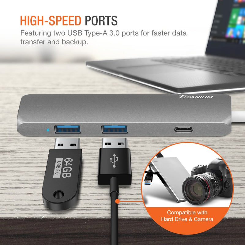 USB C Hub Adapter, Trianium Aluminum Multi Port Charger Dock USB Type C to HDMI / USB C / 2 USB-A 3.0 Port [Pass-Through Charging] For Macbook Pro,Chromebook, Phone,Hard Flash Drive,Other USB C Laptop Space Grey