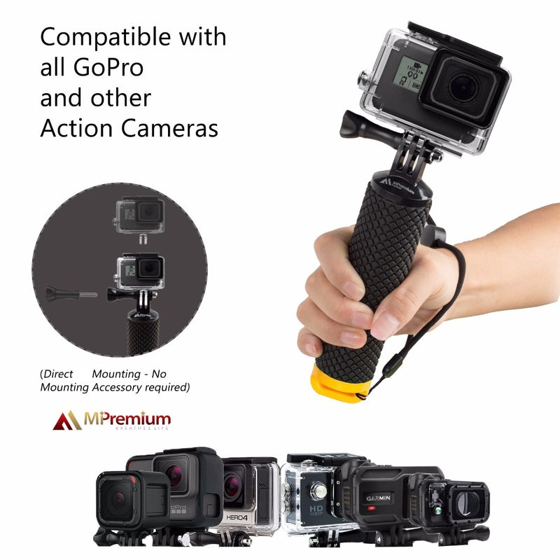 MiPremium Waterproof Floating Hand Grip compatible with GoPro Cameras Hero 9 8 7 6 5 4 3 2 1 Session Black Silver Handler Plus FREE Handle Mount Accessories for Water Sport and Action Cameras (Yellow) Yellow