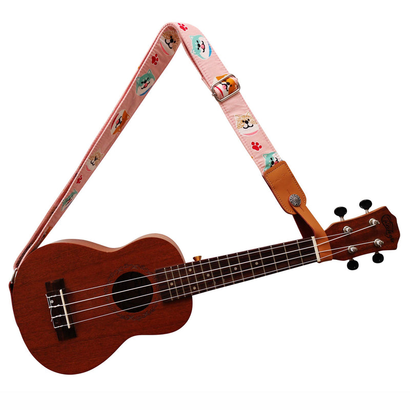 MUSIC FIRST Original Design “Pink Shiba Inu Dog” Soft Cotton & Genuine Leather Ukulele Strap Ukulele Shoulder Strap With a MUSIC FIRST Genuine Leather Strap Locker