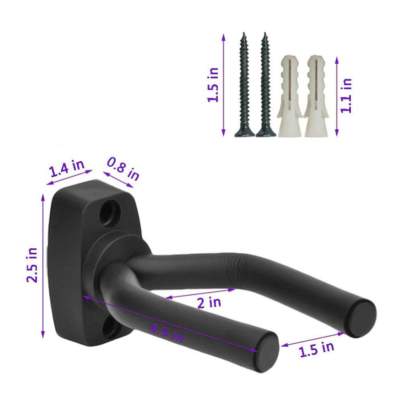 Guitar Wall Mount Hanger 2 Pack Black Guitar Hanger Wall Hook Holder Stand Display with Screws - Easy To Install - Fits All Size Guitars, Bass, Mandolin, Banjo, Ukulele Black 2 Pack