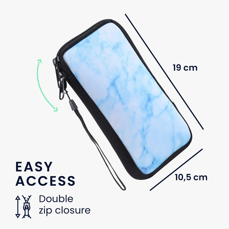 kwmobile Neoprene Sleeve for Smartphone Size XL - 6.7/6.8" - Shock Absorbing Pouch Case - Protective Phone Bag - Marble White/Blue/Light Blue Marble 02-04-23