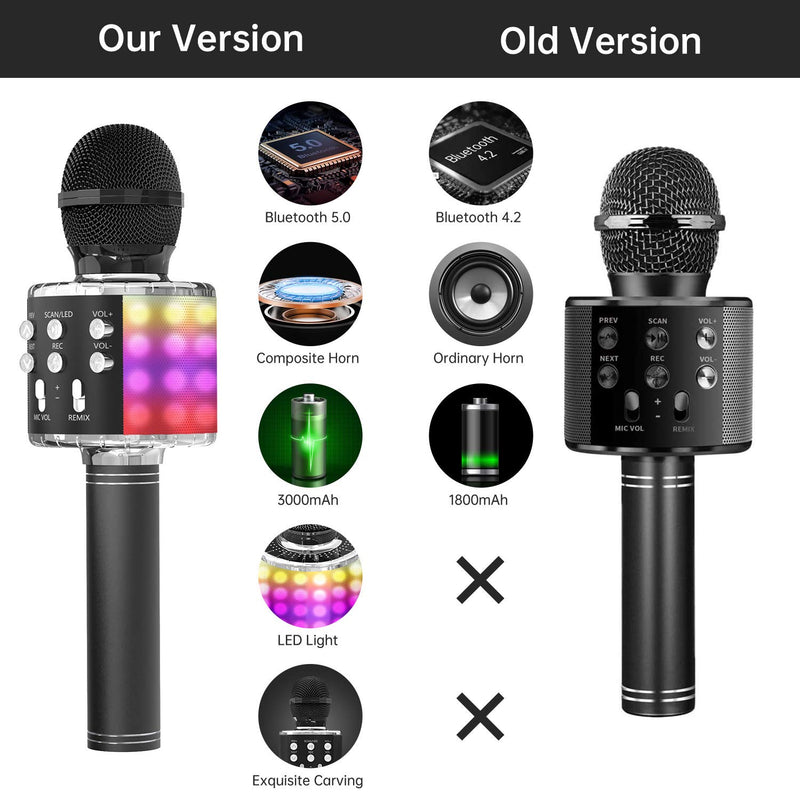 OVELLIC Karaoke Microphone for Kids, Wireless Bluetooth Karaoke Microphone with LED Lights, Portable Handheld Mic Speaker Machine, Great Gifts Toys for Girls Boys Adults All Age (Black) Black