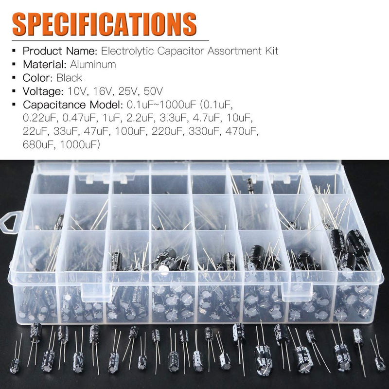Rustark 240Pcs 24 Values 10V 16V 25V 50V Metal Electrolytic Capacitors Assorted Assortment Box Kit,Range 0.1UF-1000UF Capacitors for Air Conditioning, LED Lights, Audio, Induction Cooker