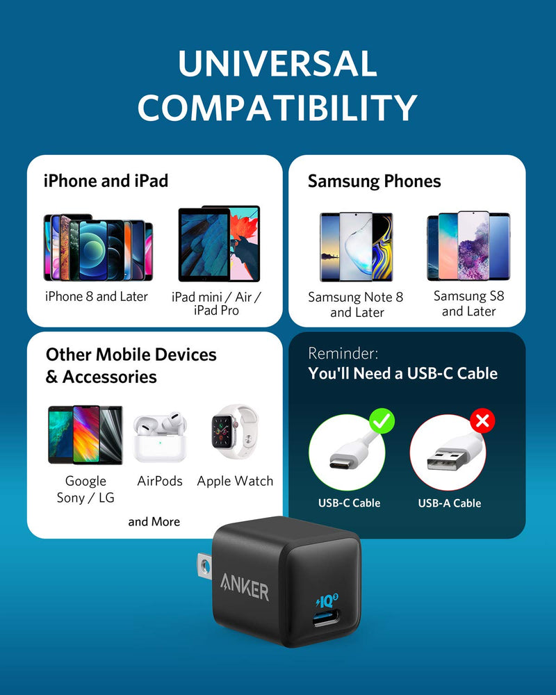 USB C Charger, Anker Nano Charger PIQ 3.0 Durable Compact Fast Charger, PowerPort III for iPhone 12/12 Mini/12 Pro/12 Pro Max/11, Galaxy, Pixel 4/3, iPad Pro (Cable Not Included) Black