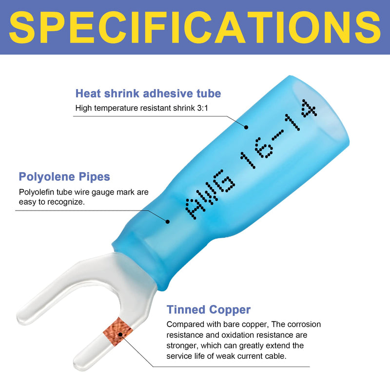 Haisstronica 200PCS Blue 16-14 Gauge Marine Grade Heat Shrink Fork Connectors-Tinned Red Copper 0.7mm #10 Crimp Connectors Fork Terminals-Insulated Electrical Connectors for Aircraft,Boat,Truck,Stereo
