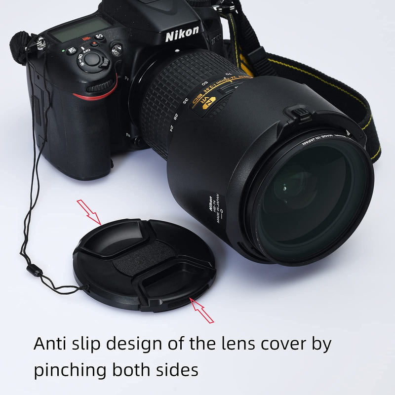 waka Unique Design Lens Cap Bundle, 3 Pcs 72mm Center Pinch Lens Cap and Cap Keeper Leash for Canon Nikon Sony DSLR Camera + Microfiber Cleaning Cloth (52mm, Black) 52mm