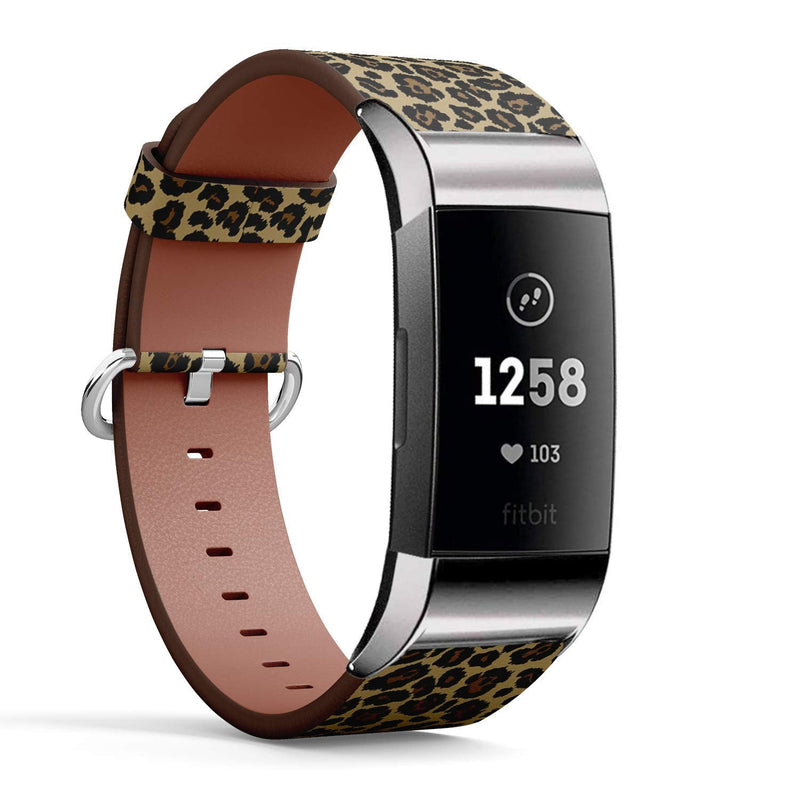 Compatible with Fitbit Charge 4 / Charge 3 / Charge 3 SE - Leather Watch Wrist Band Strap Bracelet with Stainless Steel Adapters (Leopard Design)