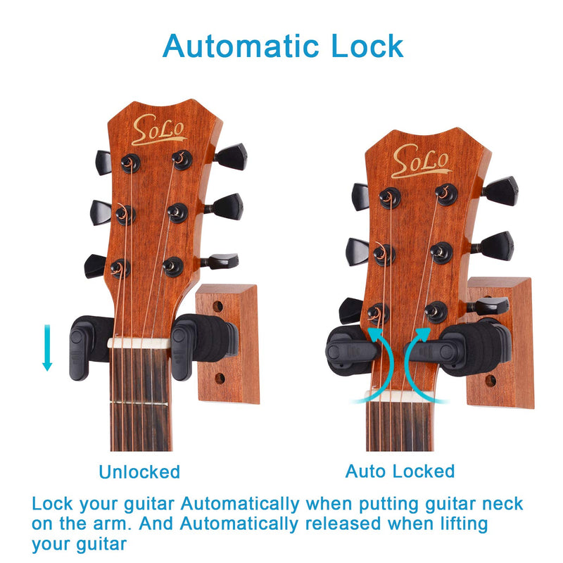 Guitar Wall Mount Auto Lock, Guitar Wall Hanger, Hard Wood Base Guitar Hook for Acoustic, Classical, Electric, Bass Guitars