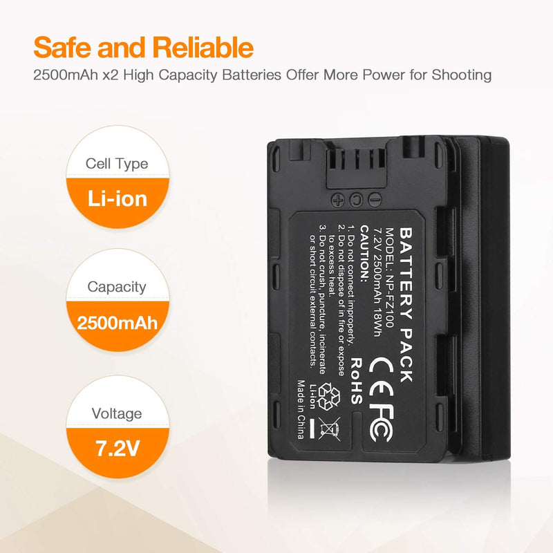 NP-FZ100 Battery, 2-Pack Replacement Battery and Dual USB Charger Set for Sony A7III, A7R III, A9, Sony Alpha 9, A7R3, A6600, A7R IV, Alpha a9 II, Alpha 9R, A9R, Alpha 9S (2500mAh)